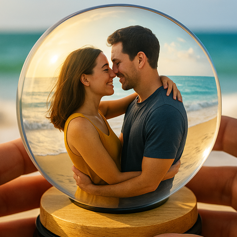 Holding a transparent sphere with a couple embracing on a beach.
